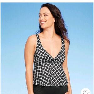 Kona Sol Cropped Tankini Top Plaid Black White